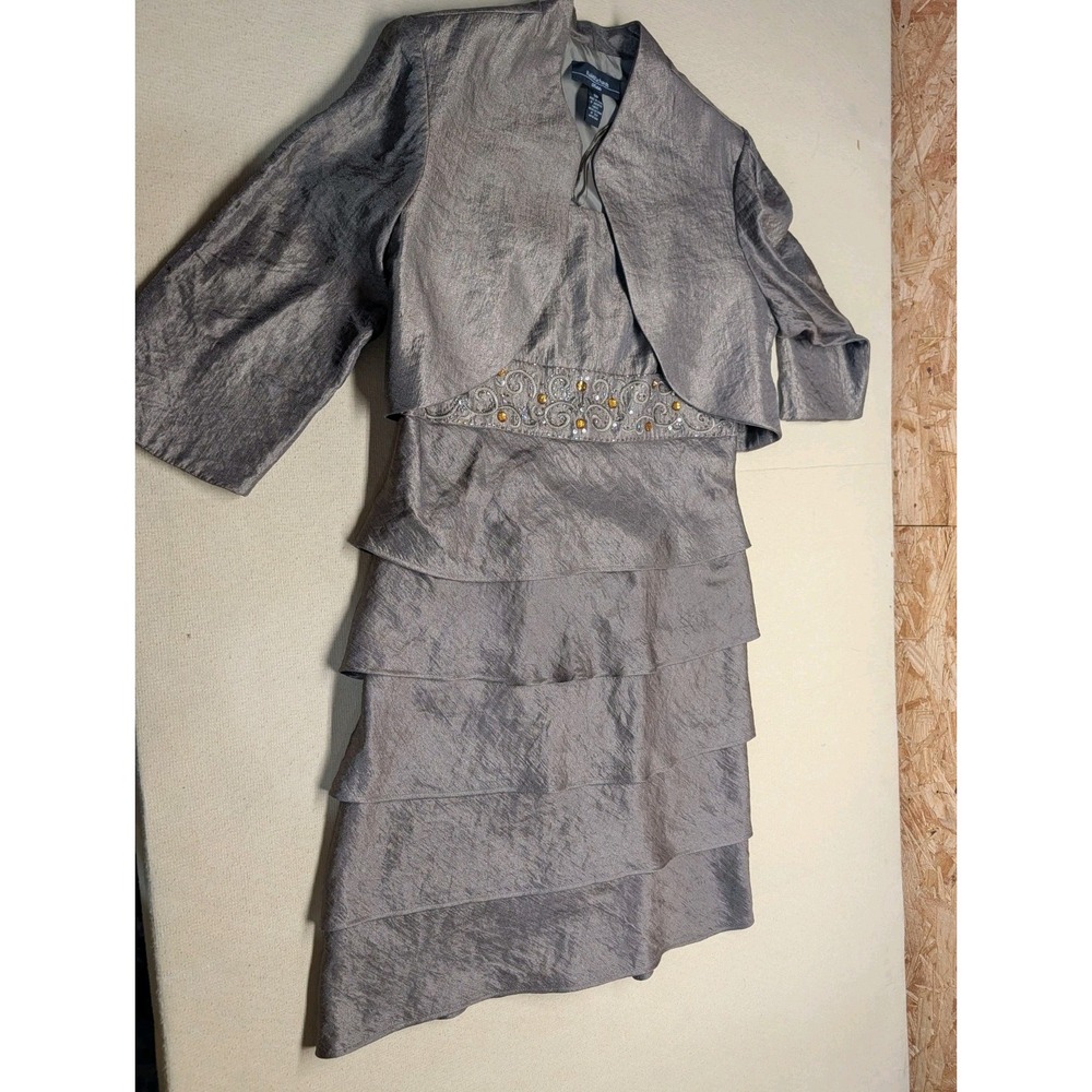 R&M Richards Women Dress Size 12P Taupe Beaded  With Jacket Rayon Blend Ruffles